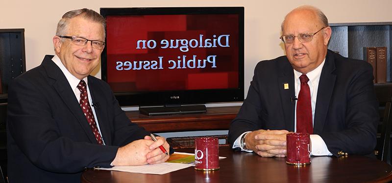 Dr. John Chowning, vice president for church and external relations and executive assistant to the president of Campbellsville University, right, interviews Dick Bartlett, Emergency Preparedness and Trauma Coordinator for the Kentucky Hospital Association, for his “Dialogue on Public Issues” show.