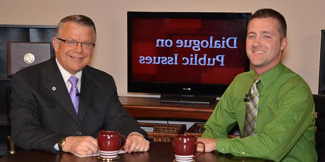 Campbellsville University’s John Chowning, vice president for church and external relations and  executive assistant to the president of CU, right, interviews Chad Shively, Taylor County’s property  valuation administrator, for his “Dialogue on Public Issues” show.