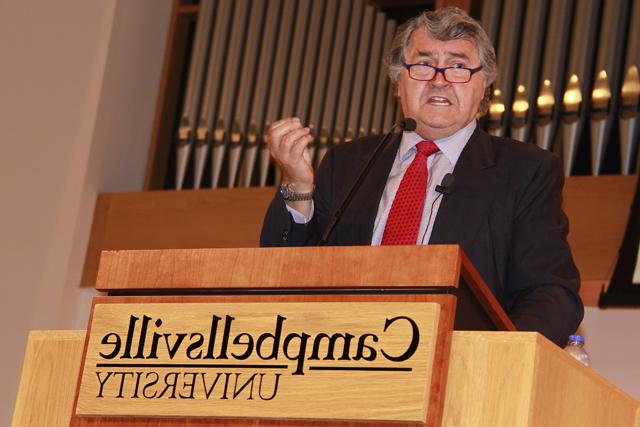 Dr. Paul Marshall speaks at Campbellsville University at chapel. (Campbellsville University Photo by Rachel DeCoursey)