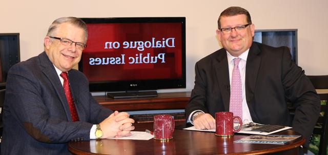 Dr. John Chowning, vice president for church and external relations and executive assistant to the  president of Campbellsville University, right, interviews Hal Goode, president and chief executive  officer of Kentucky Association for Economic Development, for his “Dialogue on Public Issues”  show.