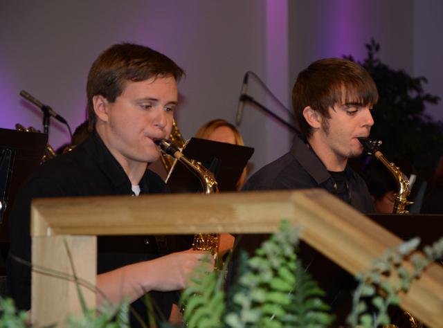 Daniel Beams, left, of Campbellsville and Cameron Schatt of Sonora play in the Jazz Orchestra.