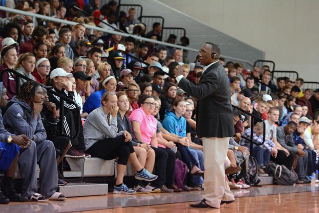 Nate Carr, a three-time national champion wrestler at Iowa State, speaks to student-athletes at Powell Athletic Center. (Campbellsville University Photo by Richard RoBards)