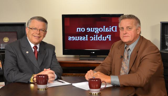 Campbellsville University’s John Chowning, vice president for church and external relations and executive assistant to the president of CU, right, interviews Roger Cook, Taylor County school superintendent, on his “Dialogue on Public Issues” show on Campbellsville University’s WLCU-TV. Cook is part of a series on “Education Today in Campbellsville and Taylor County.” The show will air Sunday, Aug. 5 at 8 a.m.; Monday, Aug. 6 at 1:30 p.m. and 6:30 p.m.; Tuesday, Aug. 7 at 1:30 p.m. and 6:30 p.m.; Wednesday, Aug. 8 at 1:30 p.m. and 6:30 p.m.; Thursday, Aug. 9 at 8 p.m.; and Friday, Aug. 10 at 8 p.m. The show is aired on Campbellsville’s cable channel 10 and is also aired on WLCU FM 88.7 at 8 a.m. Sunday, Aug. 5. (Campbellsville University Photo by Joan C. McKinney)