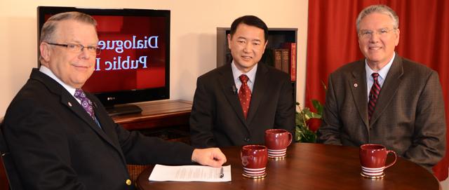 Campbellsville University’s John Chowning, vice president for church and external relations and executive assistant to the president of CU, right, interviews from left, Dr. Keith Spears, vice president for regional and professional education; and Feng Tan, chairman of the International College of Beijing University of Agriculture, during a “Dialogue on Public Issues” TV show on WLCU. The show will air Sunday, April 22 at 8 a.m.; Monday, April 23 at 1:30 p.m. and 6:30 p.m.; Tuesday, April 24 at 1:30 p.m. and 6:30 p.m.; Wednesday, April 25 at 1:30 p.m. and 6:30 p.m.; Thursday, April 26 at 8 p.m.; and Friday, April 27 at 8 p.m. The show is aired on Campbellsville’s cable channel 10 and is also aired on WLCU FM 88.7 at 8 a.m. Sunday, April 15. Campbellsville University has signed an agreement for a new program in business and other general student/faculty exchanges. (Campbellsville University Photo by Emily Campbell)