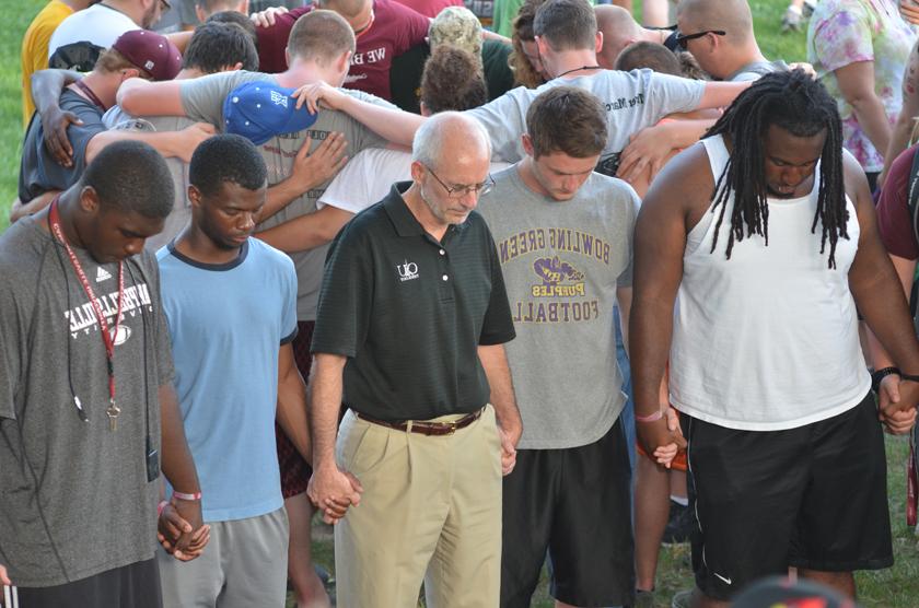 School of Theology, during a prayer vigil Aug. 20 following an accident earlier in the day involving Campbellsville-Taylor County firefighters. Four firefighters were injured, with two, Alex Quinn and Tony Grider, seriously injured. The firefighters were helping the Campbellsville University Tiger Marching Band during an ALS Ice Bucket Challenge.  More than (Campbellsville University Photo by Stan McKinney)