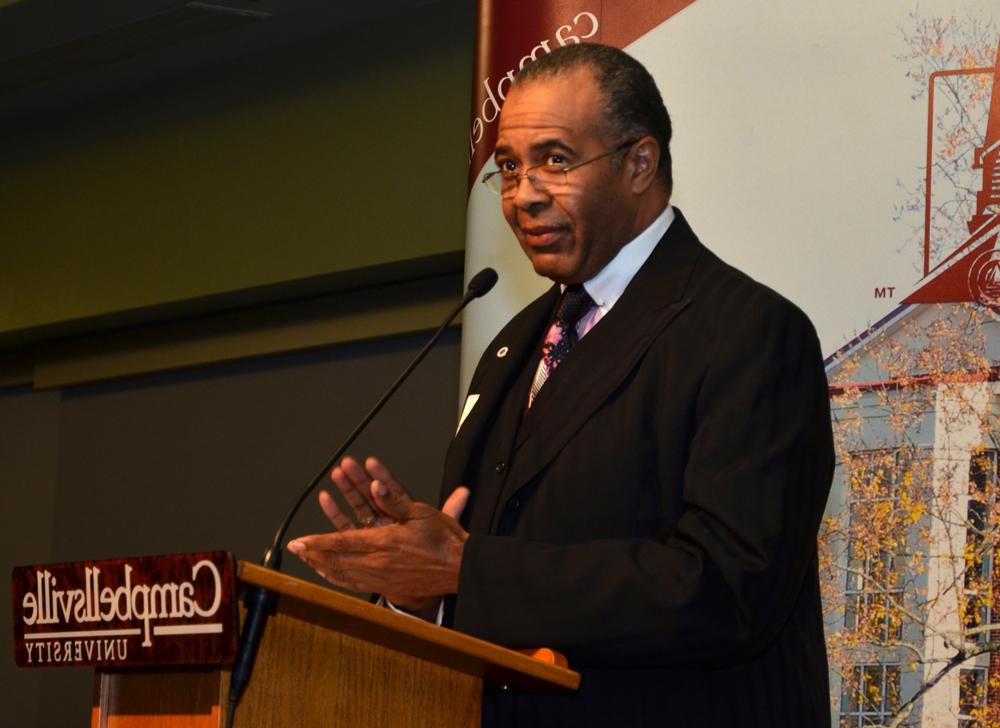 Dr. Joseph Owens, chair of the CU Board of Trustees,  announces the $30 million by the end of 2013 campaign is  two and half months ahead of schedule. (Campbellsville  University Photo by Drew Tucker)